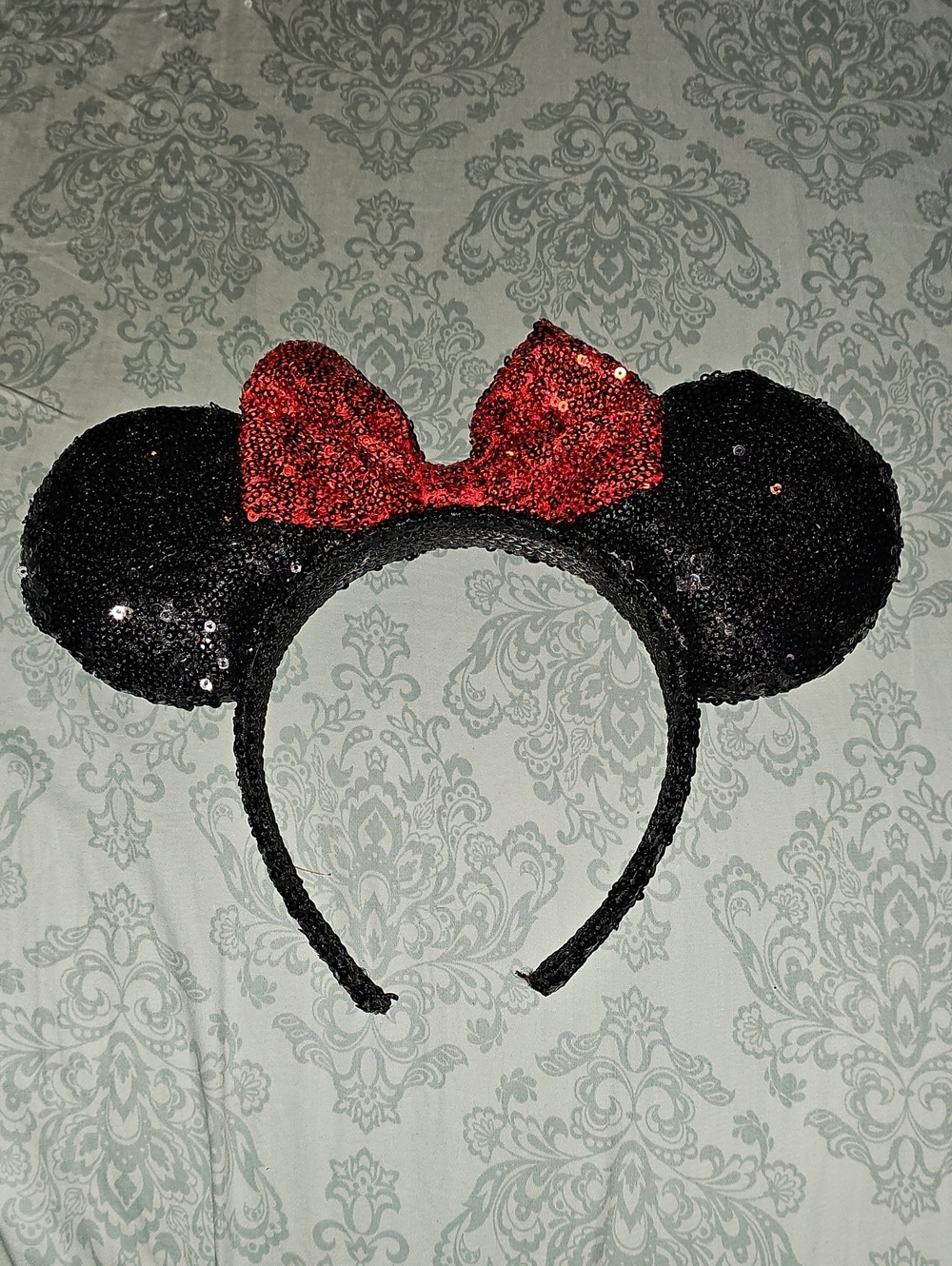 Disney Black Sequin Minnie-Ears Headband with Red Bow